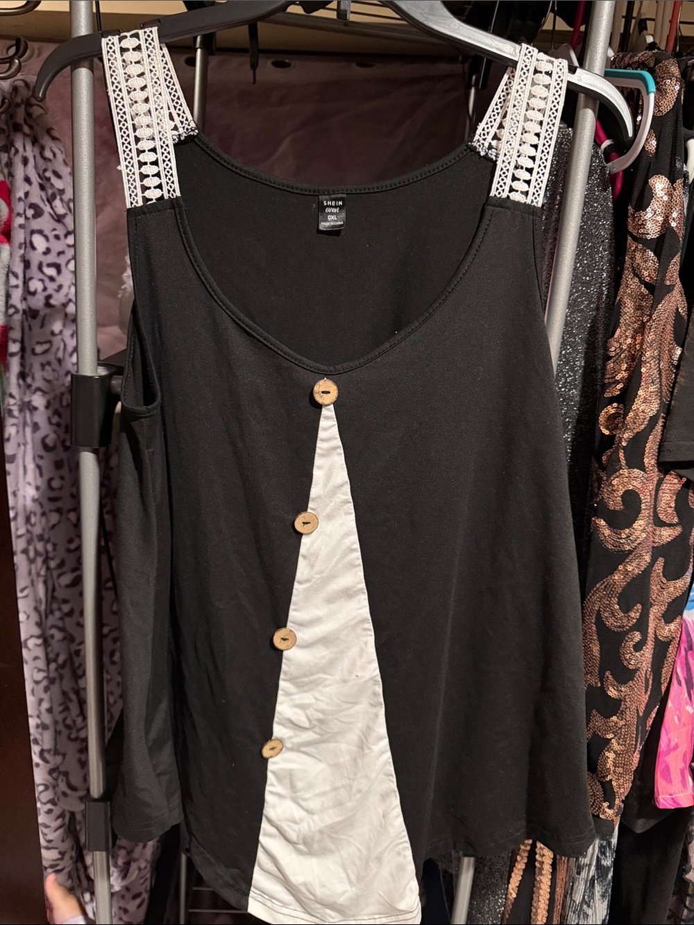 Shein Curve Black & White Button-Accent Tank Top with Lace Straps